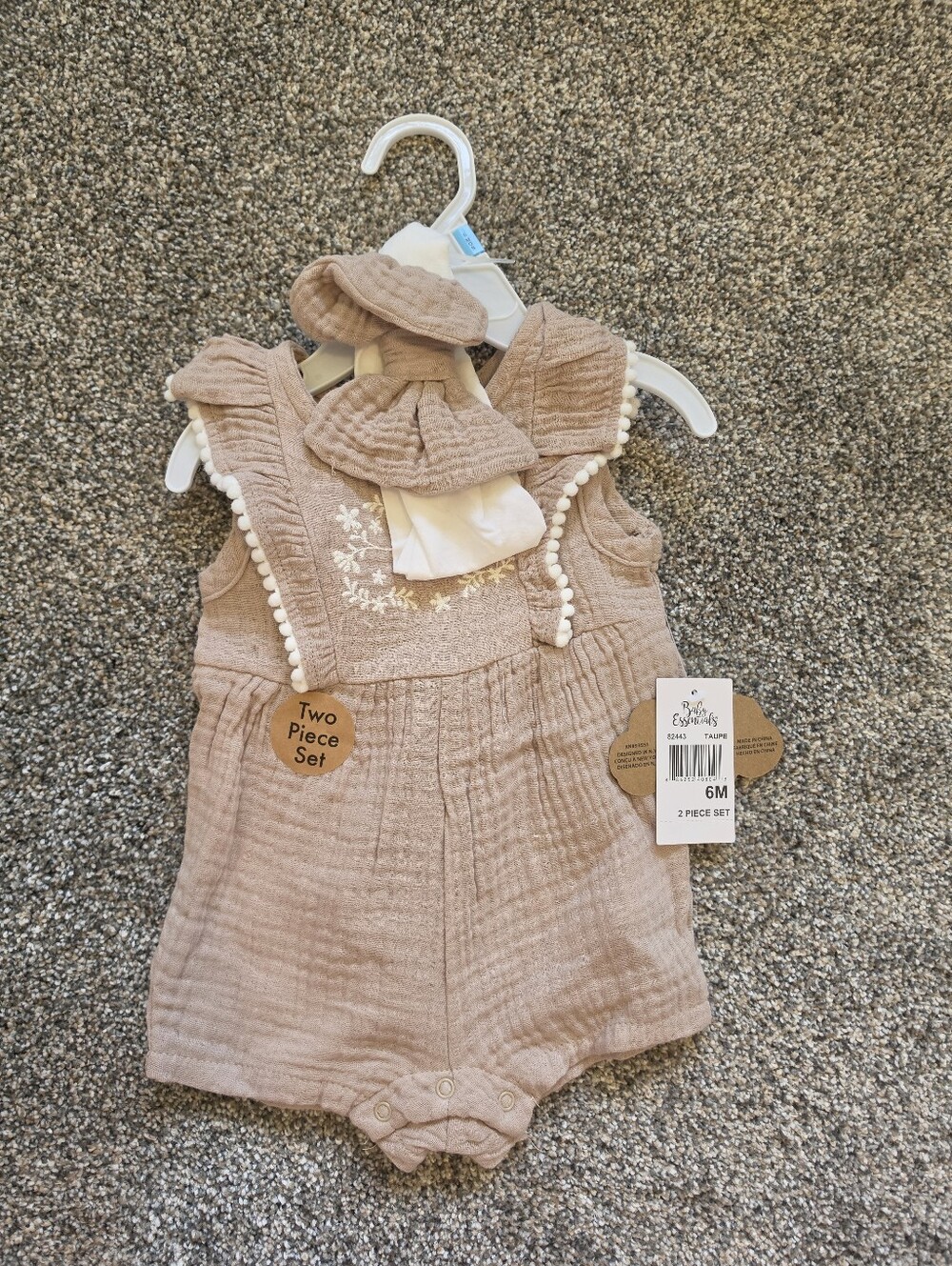 Taupe Baby Two-Piece Romper Set with Floral Embroidery - 6M